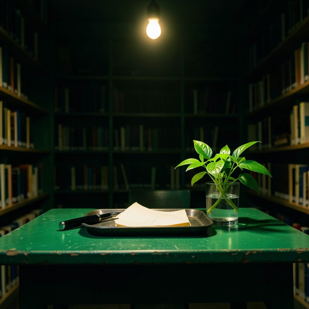A dim desk with a phone, a notebook, and a single lamp