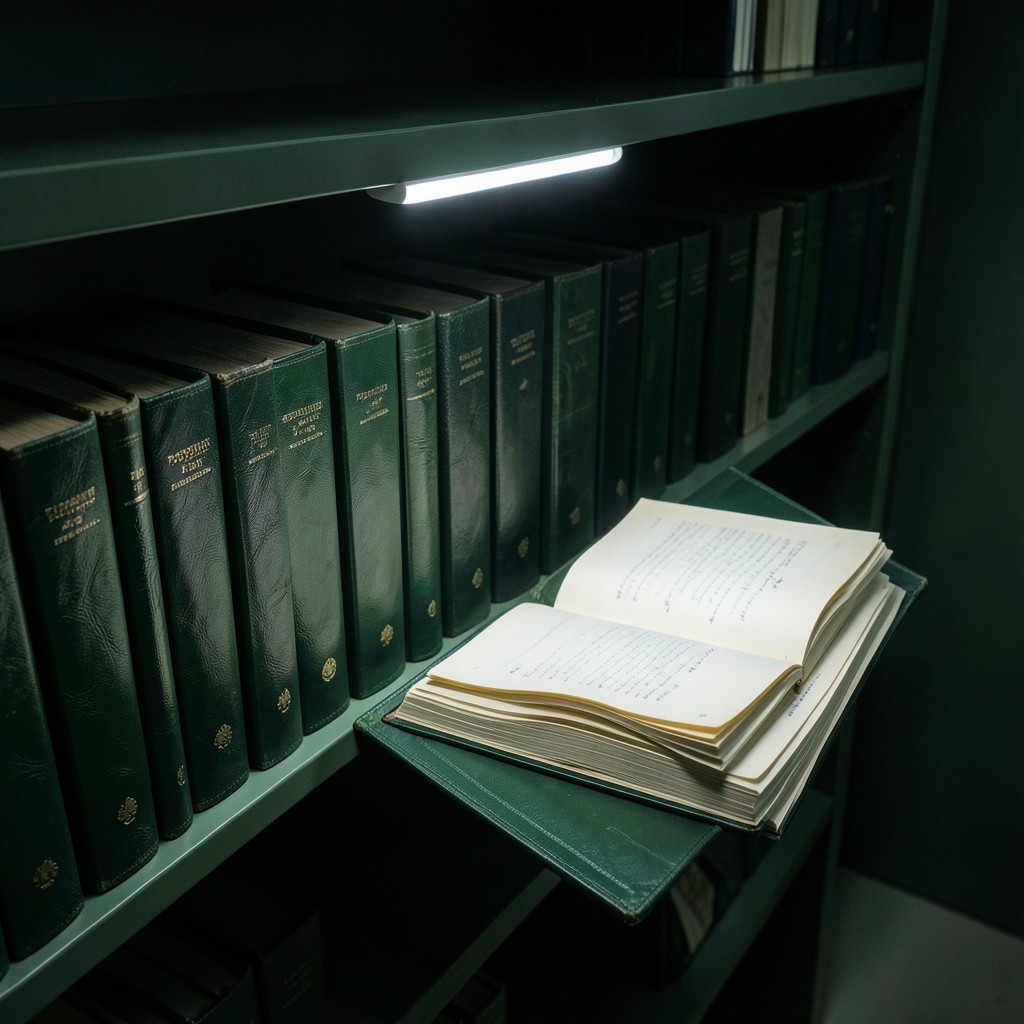 Rows of bound reference books in low green shadow
