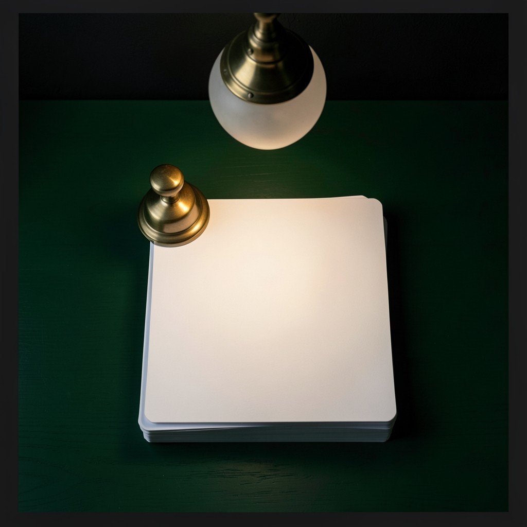 An open notebook on a dark desk lit by a single bulb