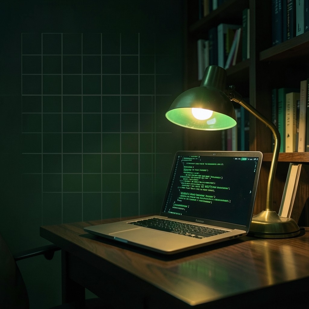 A desk lamp pooling light over an open laptop showing a Solana guide, shelves receding into dark green shadow